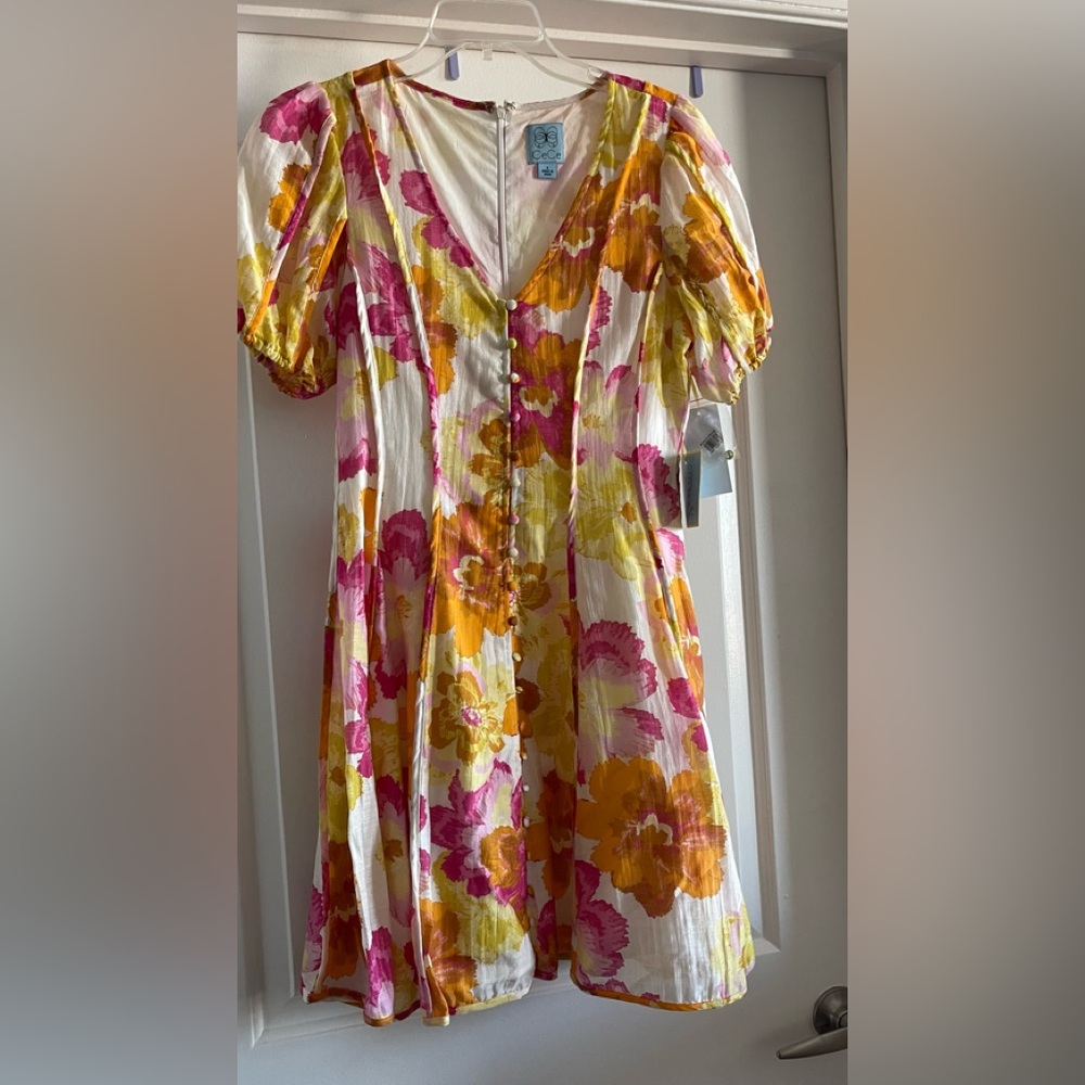 CeCe Floral V-Neck Slub Organdy Dress